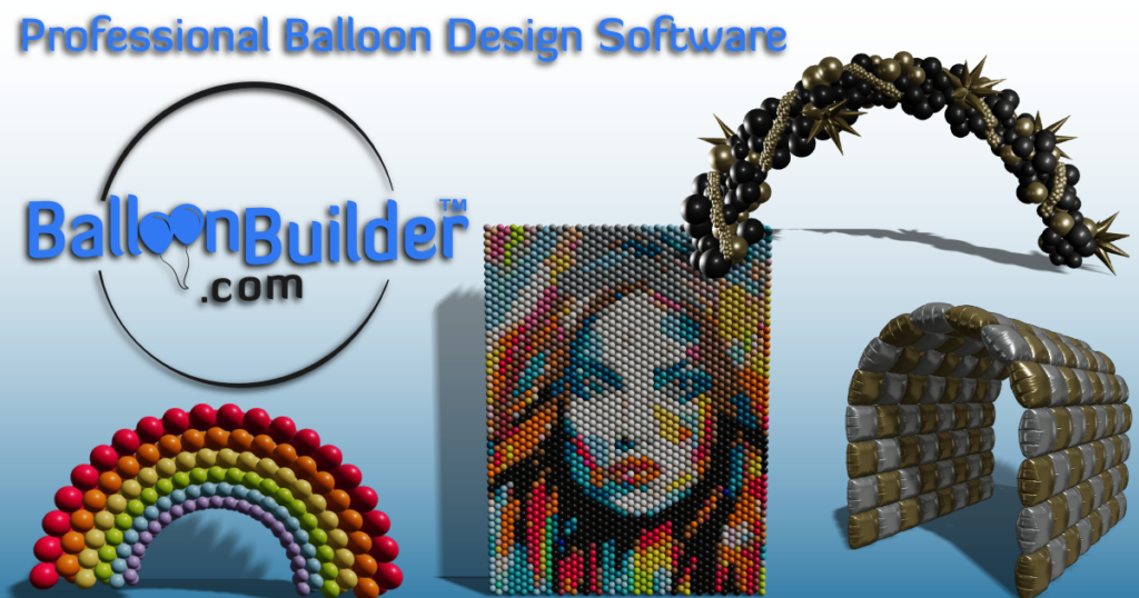 BalloonBuilder logo with examples of 3D balloon arches, balloon walls, and a balloon tunnel.
