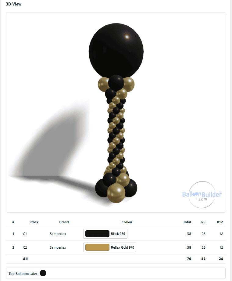 BalloonBuilder column design as a 3D image. Showing the required number and sizes and color of each balloon required to build the column.