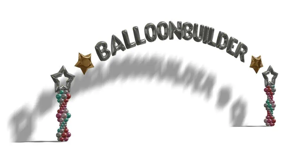 Balloon arch that is formed from two balloon columns with star foil balloons on top and a text arch saying balloonbuilder between the two columns.