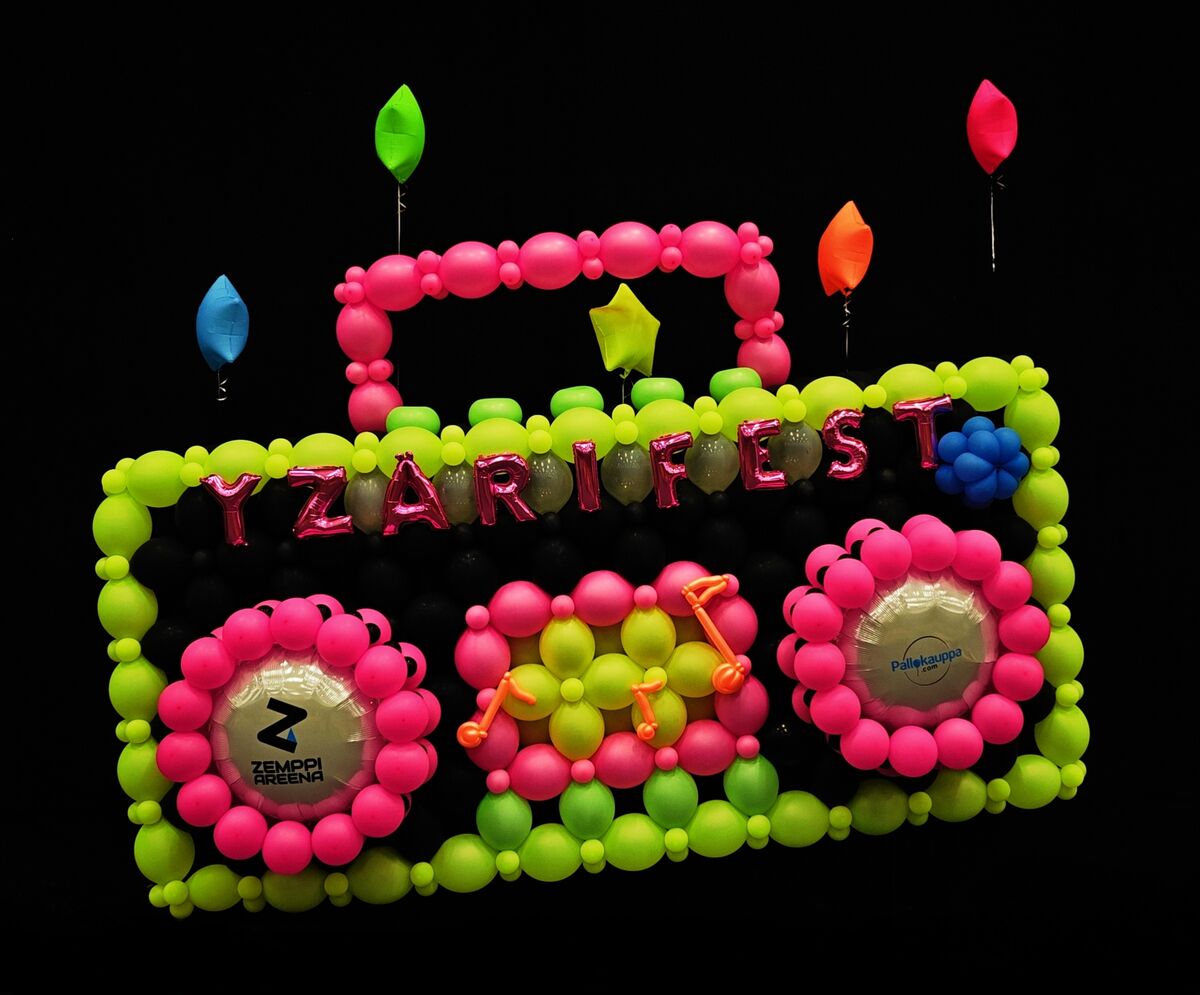 Finished neon boombox balloon sculpture built from BalloonBuilder plan — Yzärifest event
