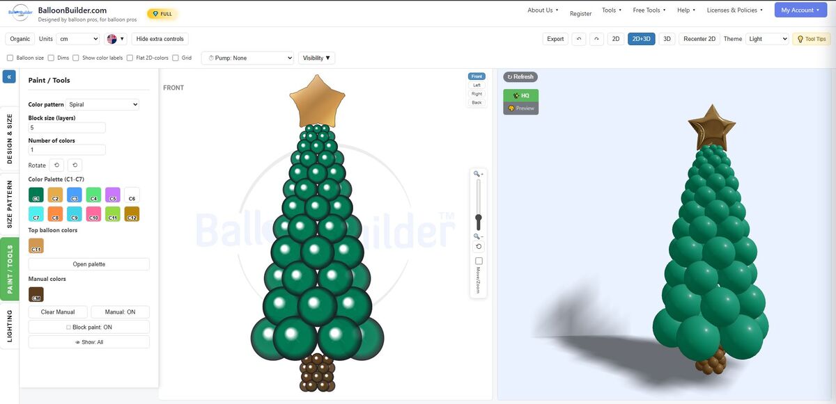 BalloonBuilder app interface — balloon Christmas tree design with color palette controls and real-time 3D preview