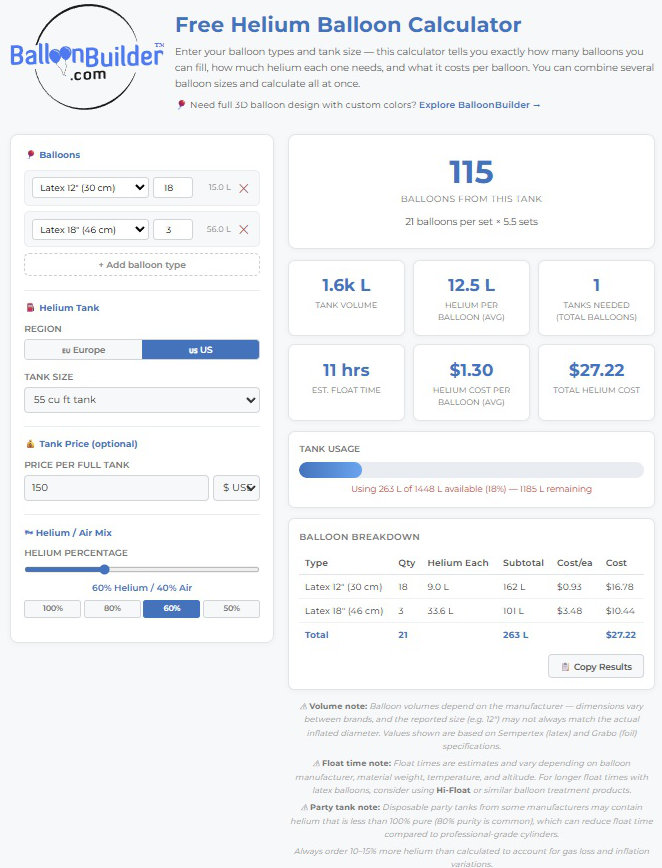 How long do balloons last — use the free BalloonBuilder helium calculator to estimate tank sizes and costs for your balloon jobs