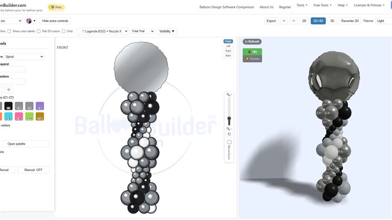 BalloonBuilder private launch — polished 2D+3D split view with organic balloon column