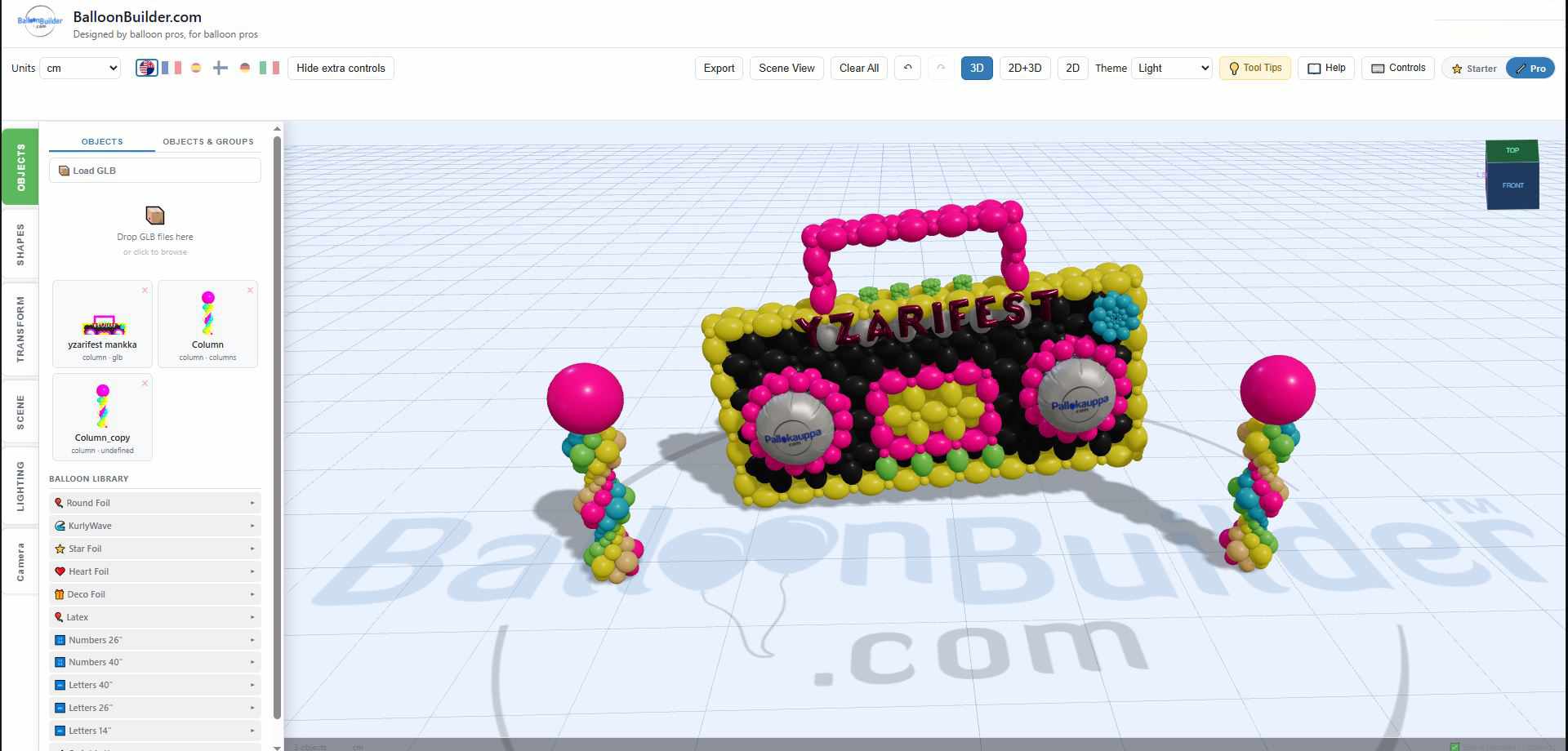BalloonBuilder SceneBuilder — 90s themed event mockup with neon balloon columns and boombox centerpiece