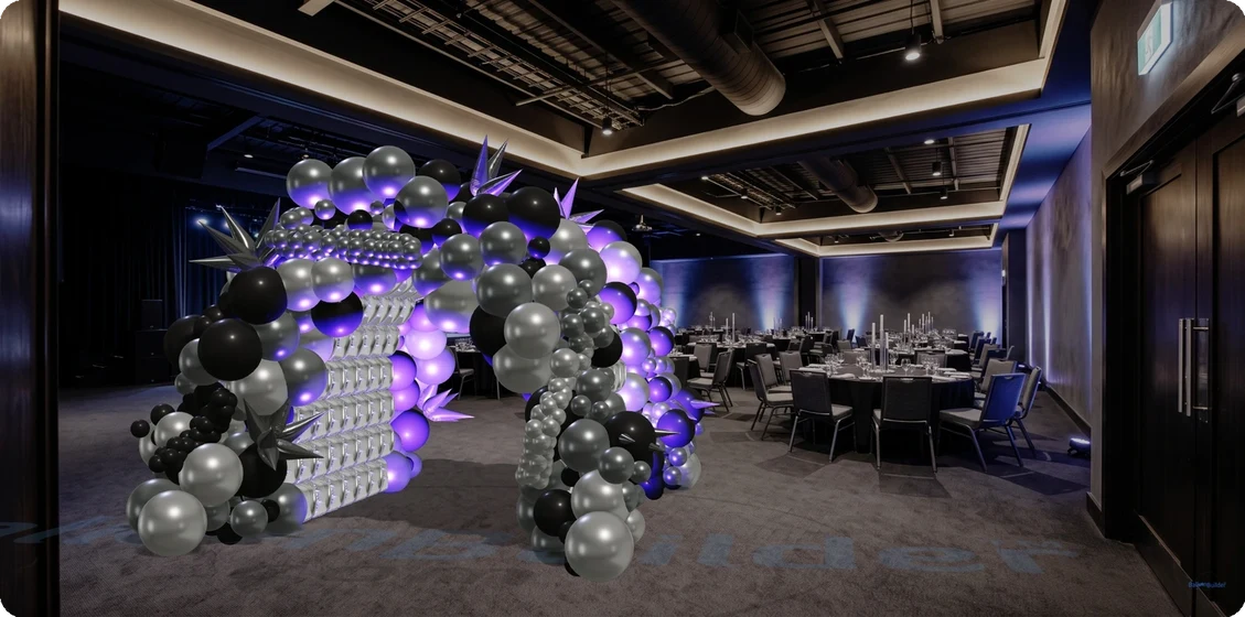 3D SceneBuilder room staging with organic arch and foil tunnel