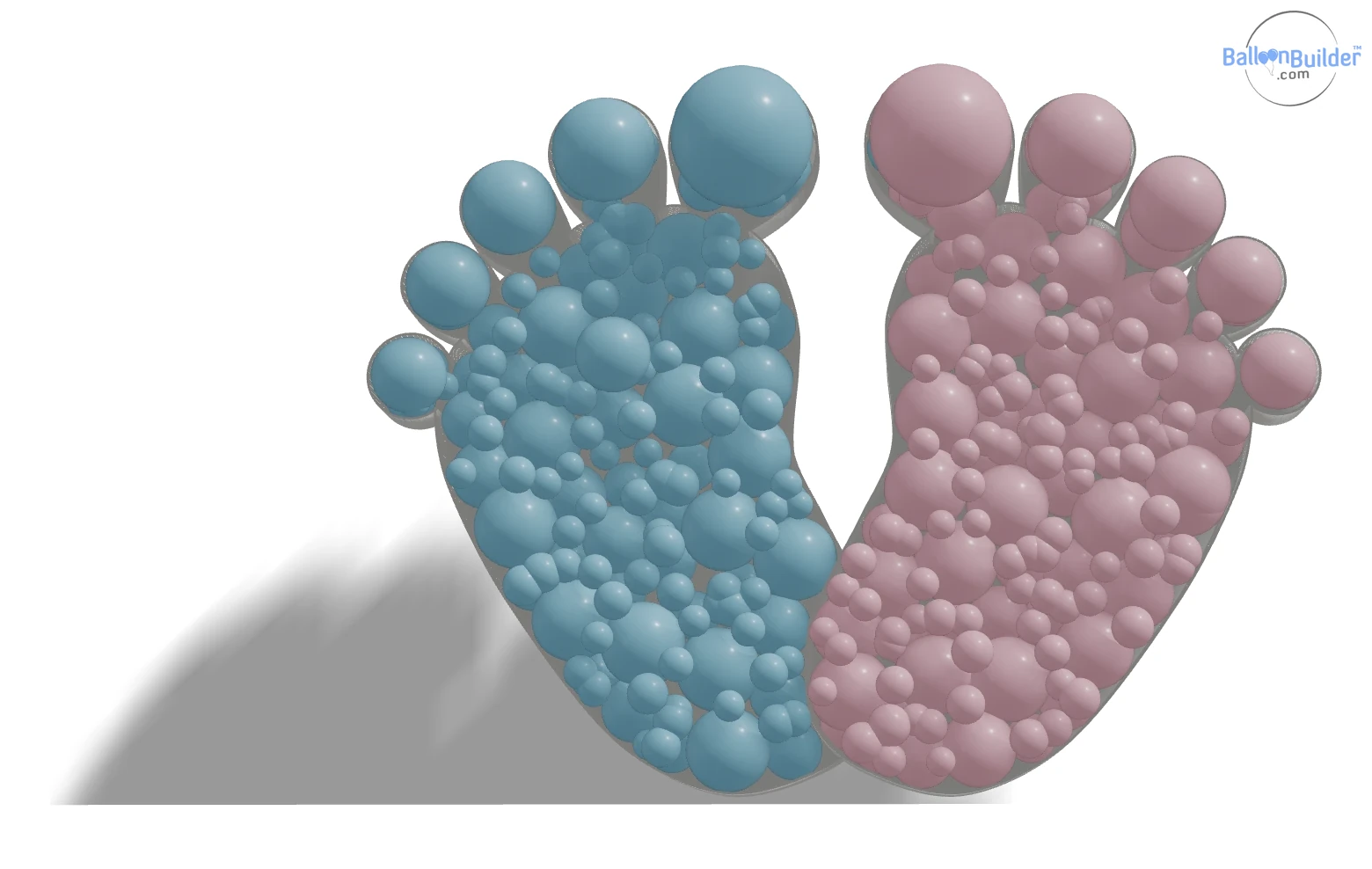 Balloon-filled mosaic of two baby feet, one pink and one blue, for a baby shower or gender reveal