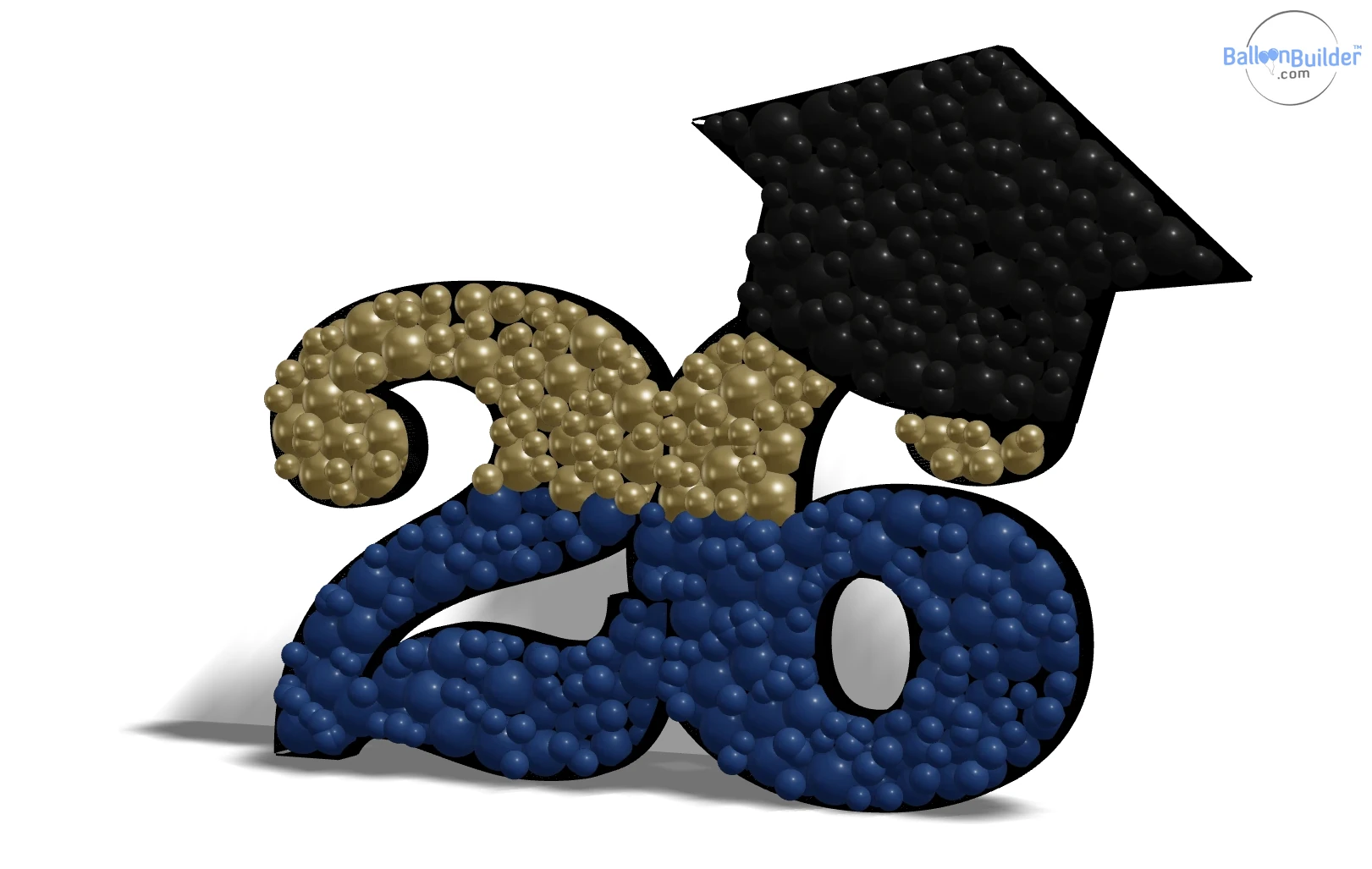 Graduation balloon-filled mosaic showing 26 with a graduation cap, in Sempertex navy blue, reflex gold and black