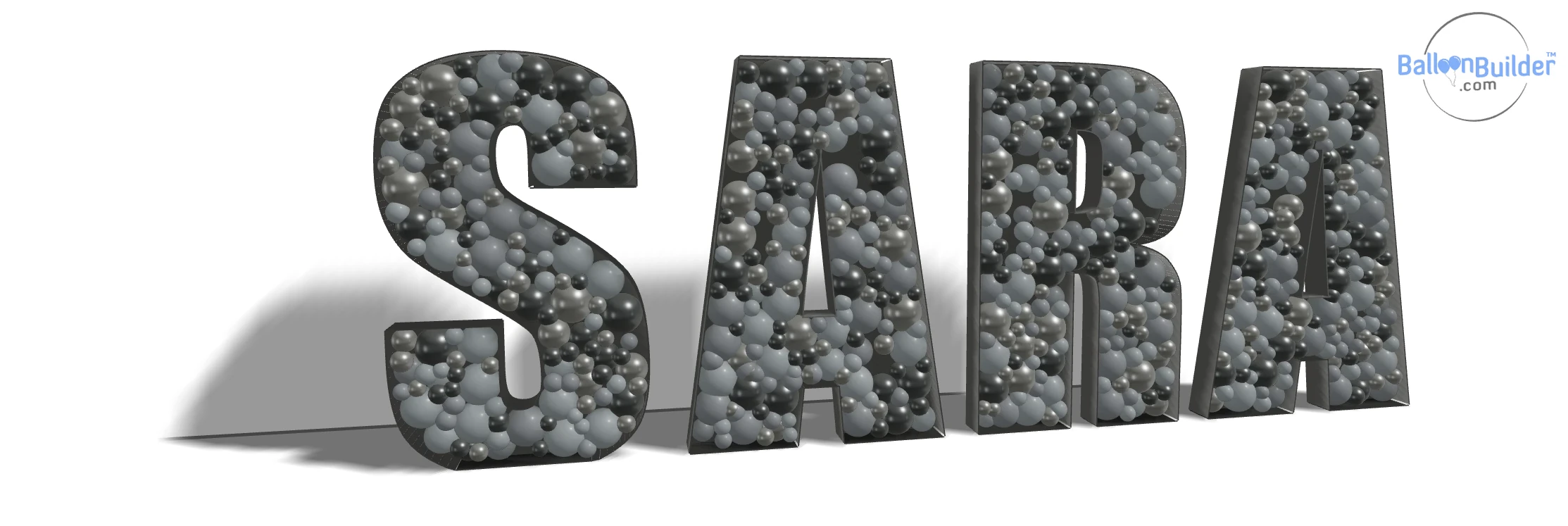 The same SARA balloon-filled mosaic with wide letter gaps, showing how letter spacing changes the overall width