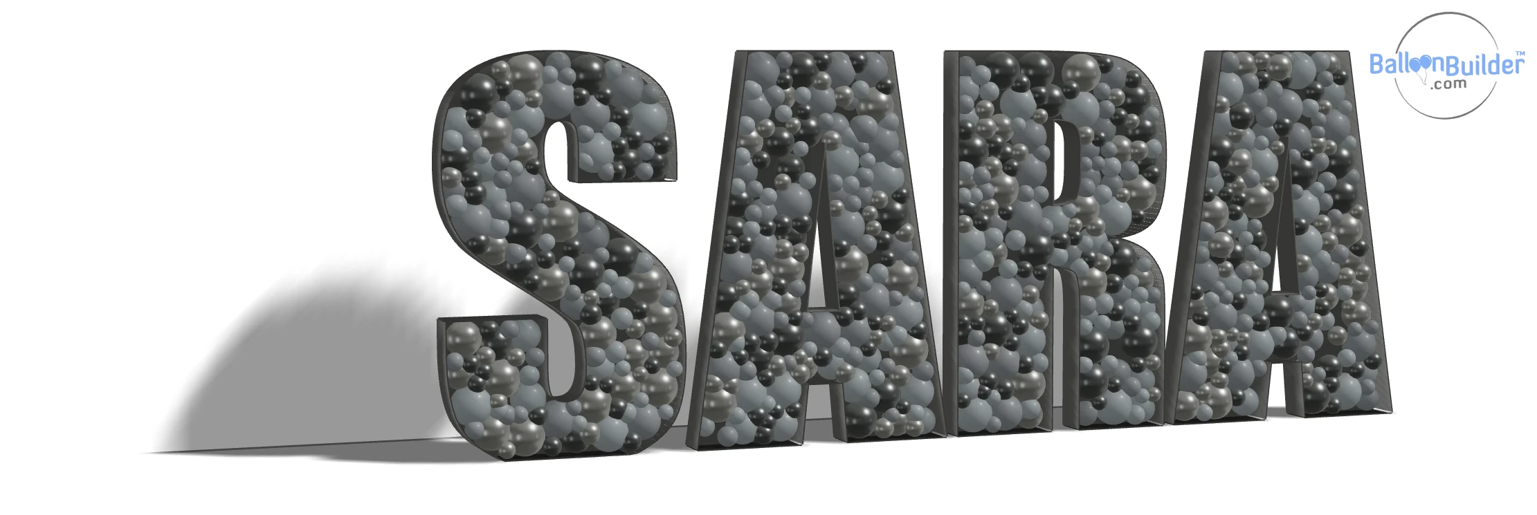 Balloon-filled mosaic letters spelling SARA in the Impact font with tight letter gaps, in Sempertex grey, midnight grey and reflex silver