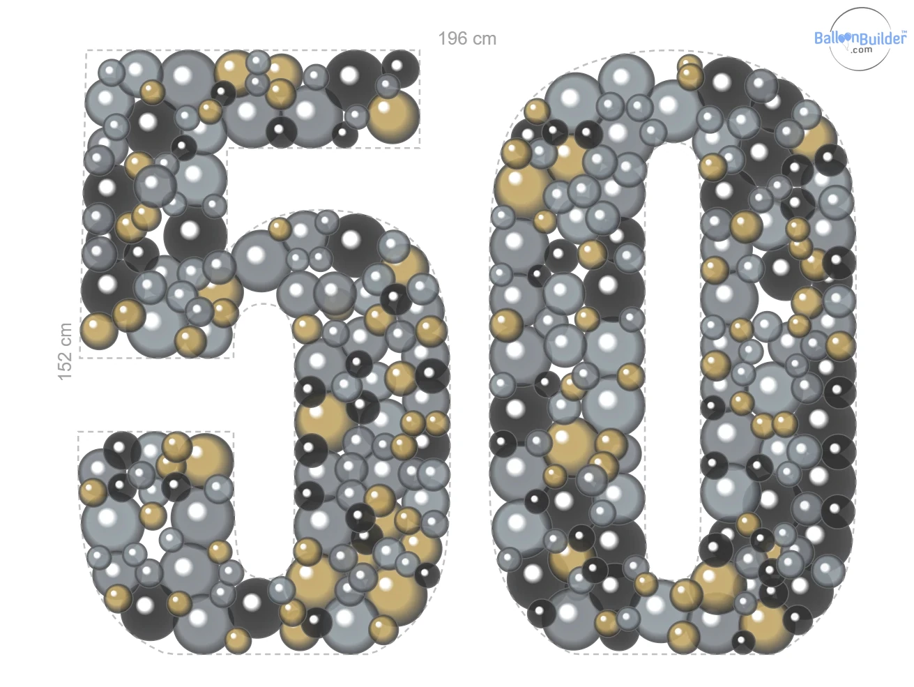 2D balloon-filled mosaic plan for the number 50 in Sempertex grey, black and reflex gold, with 196 × 152 cm dimensions marked