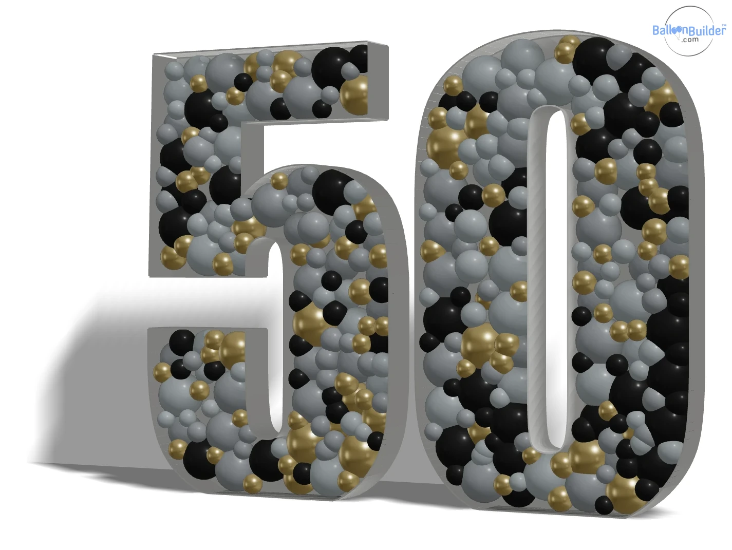 3D balloon-filled mosaic number 50 in Sempertex grey, black and reflex gold, showing the foam board frame depth