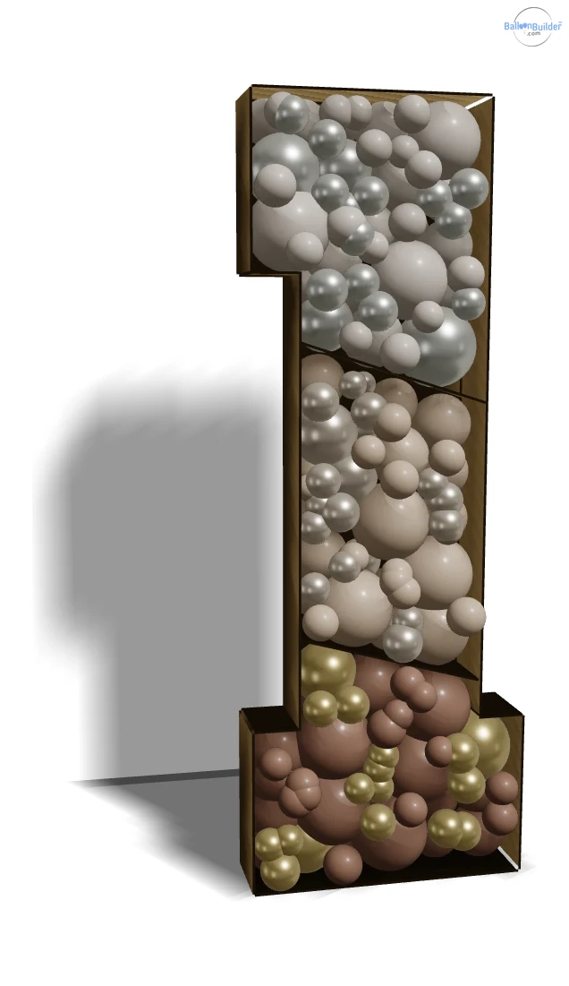 3D balloon-filled mosaic number 1 divided into three colour blocks — Sempertex white sand, latte and mocha — by inner wall dividers