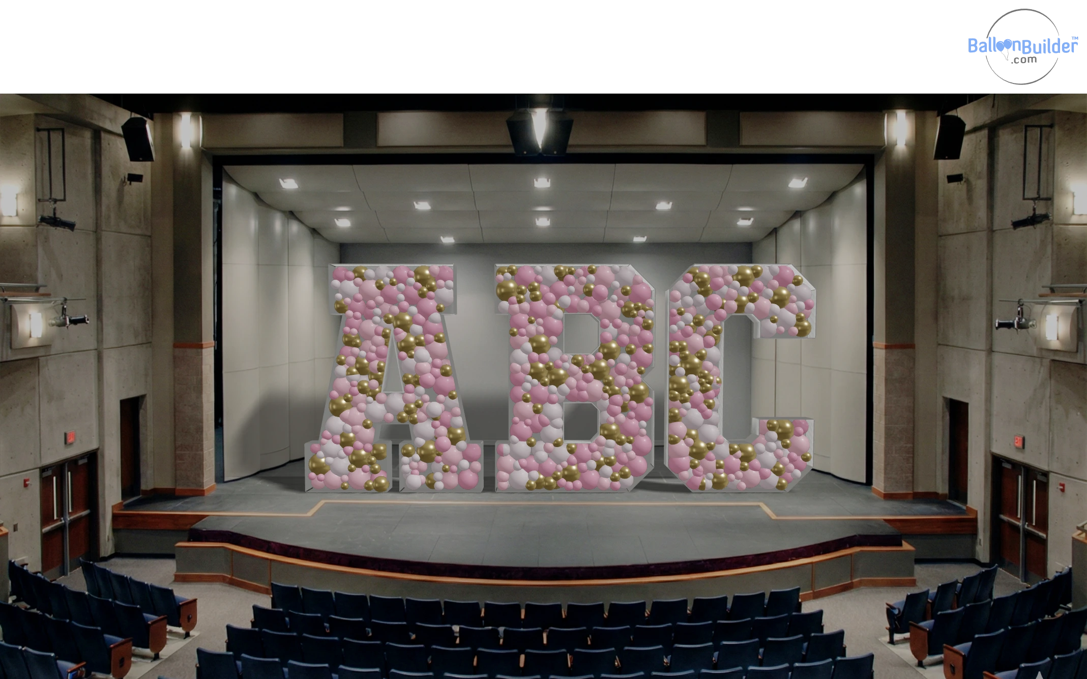 Balloon-filled mosaic letters ABC in Sempertex pink, pastel pink and reflex gold, designed in BalloonBuilder and rendered on an auditorium stage