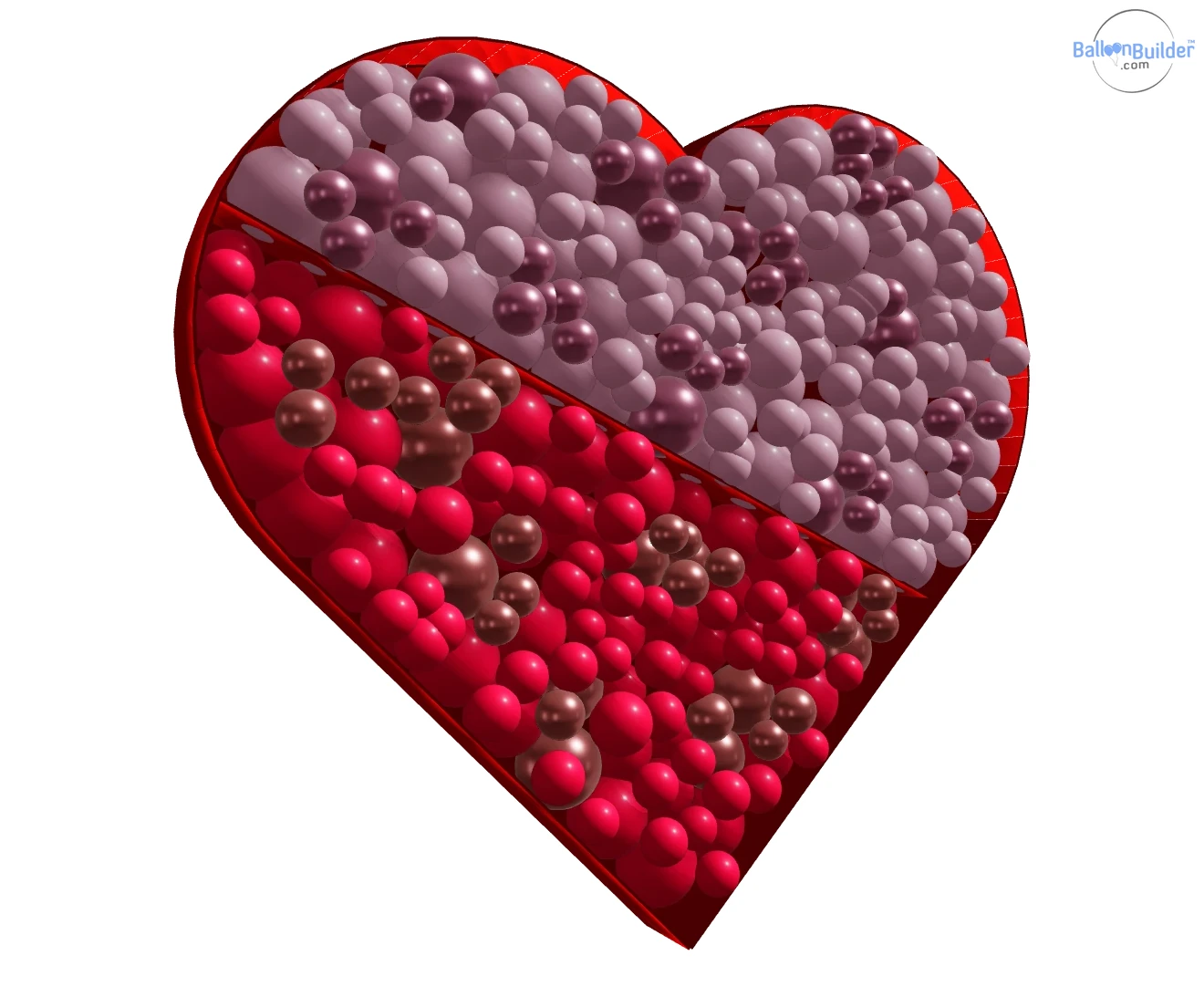 Custom balloon-filled mosaic heart uploaded as an SVG, split into Sempertex red, rose, reflex fuchsia and reflex crystal red colour blocks