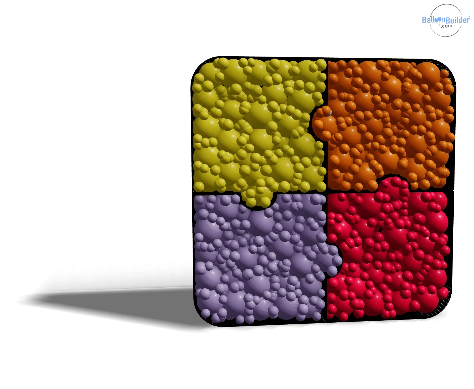 Logo-style custom balloon-filled mosaic: a four-piece jigsaw puzzle built from an uploaded SVG in Sempertex yellow, orange, lilac and red