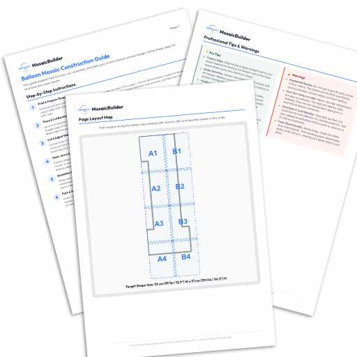 Preview of the printable Mosaic Construction Guide: a 3 ft number 1 template tiled across A4 sheets with cut lines and printer margins