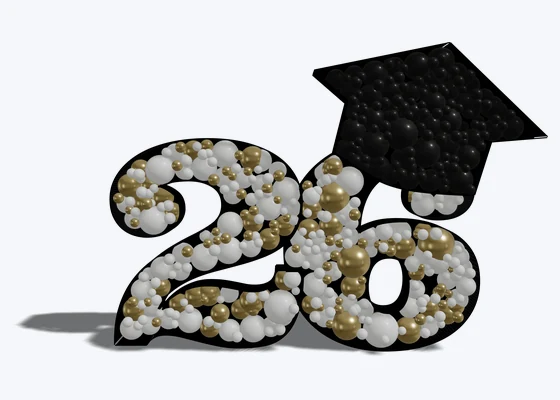 Graduation ’26 frame with a balloon-filled cap — 3D balloon décor design example from BalloonBuilder