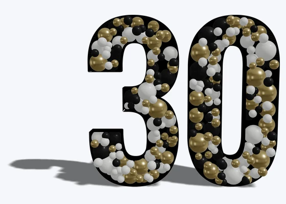 Number 30 mosaic frame in black & gold — 3D balloon décor design example from BalloonBuilder