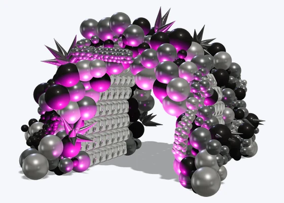 Organic-covered tunnel with foil accents — 3D balloon décor design example from BalloonBuilder