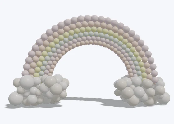 Pastel rainbow arch with clouds — 3D balloon décor design example from BalloonBuilder
