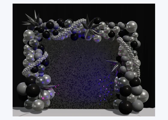 Build-up: shimmer wall with an organic garland — 3D balloon décor design example from BalloonBuilder