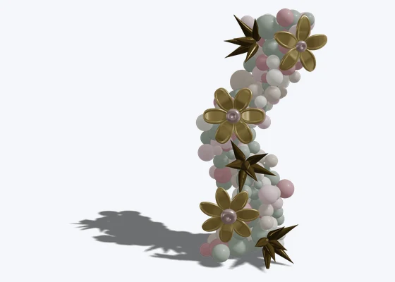 Six-colour organic garland with balloon flowers and spikes — 3D balloon décor design example from BalloonBuilder