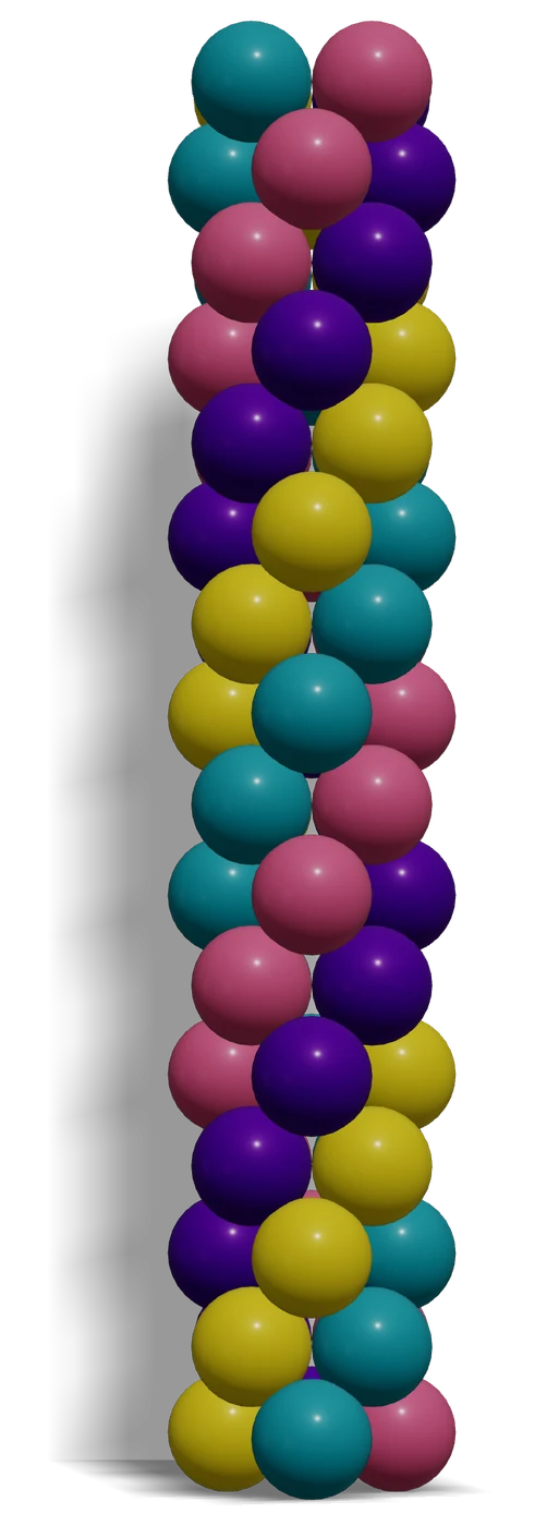 4-Color Spiral Balloon Column — 3D render, 16 layers of 4 balloons in Sempertex Fuchsia 012, Caribbean Blue 038, Yellow 020, Violet 051
