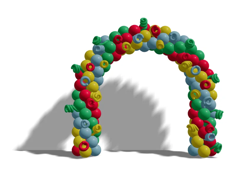 Balloon arch with coiled 260 balloon spirals in red, green, yellow and blue, 3D render from BalloonBuilder