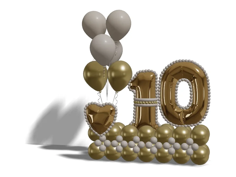 Balloon Stack with a gold foil number 10, foil heart, bead outlines and a helium bouquet, 3D render from BalloonBuilder