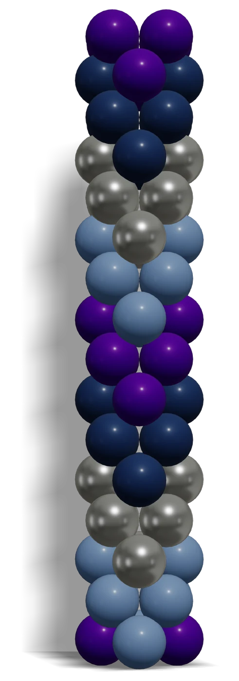 Arrow Down Balloon Column — 3D render, 16 layers of 4 balloons in Sempertex Navy Blue 044, Violet 051, Periwinkle Blue 042, Reflex Silver 981