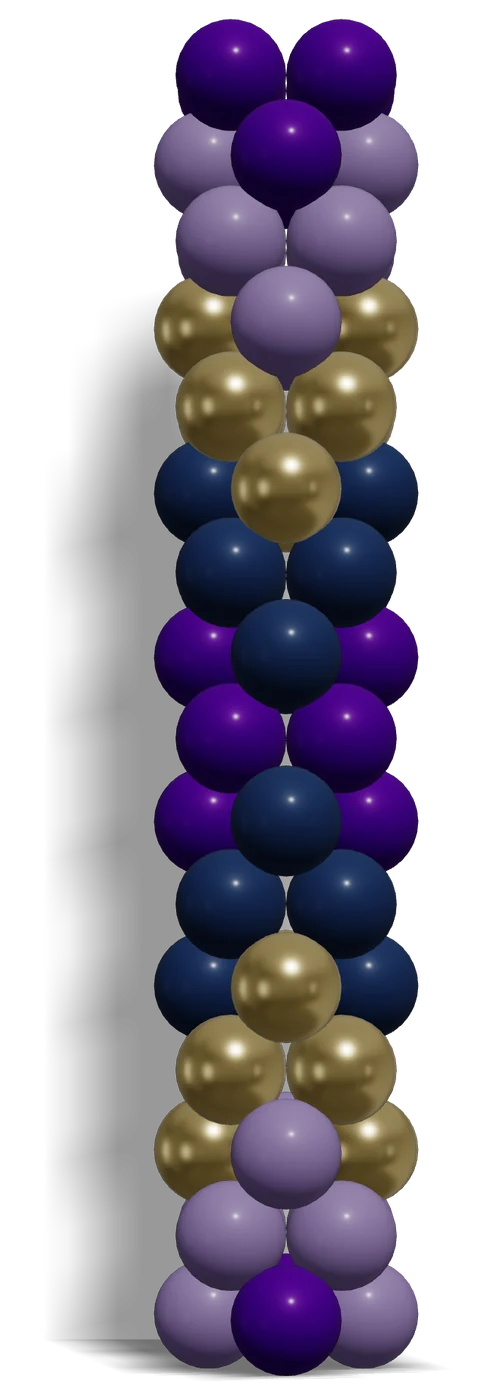 Arrow Mix Balloon Column — 3D render, 16 layers of 4 balloons in Sempertex Violet 051, Lilac 050, Reflex Gold 970, Navy Blue 044