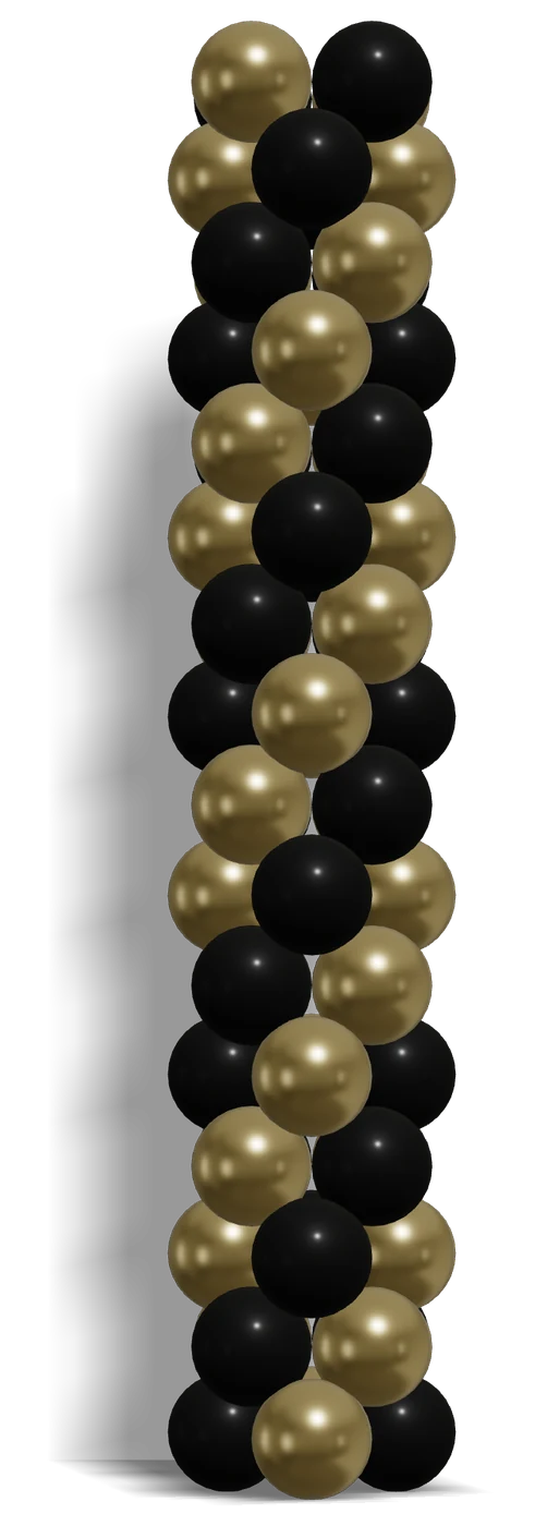 2-Color Spiral Balloon Column — Black & Gold — 3D render, 16 layers of 4 balloons in Sempertex Black 080, Reflex Gold 970