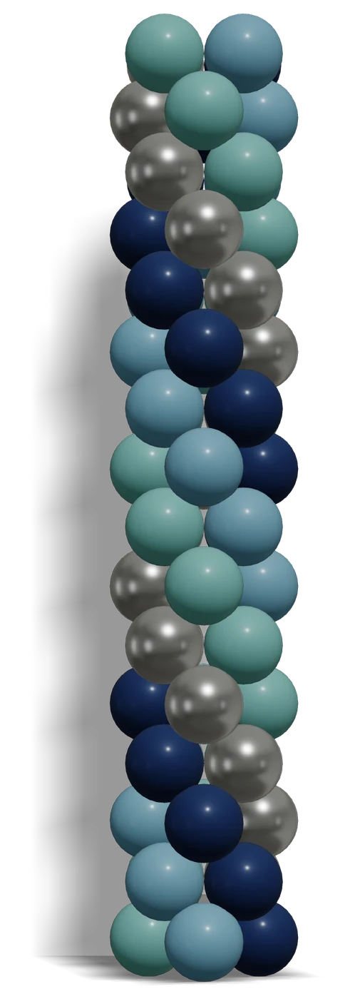 Reverse Spiral Balloon Column — 3D render, 16 layers of 4 balloons in Sempertex Navy Blue 044, Blue 040, Aquamarine 037, Reflex Silver 981