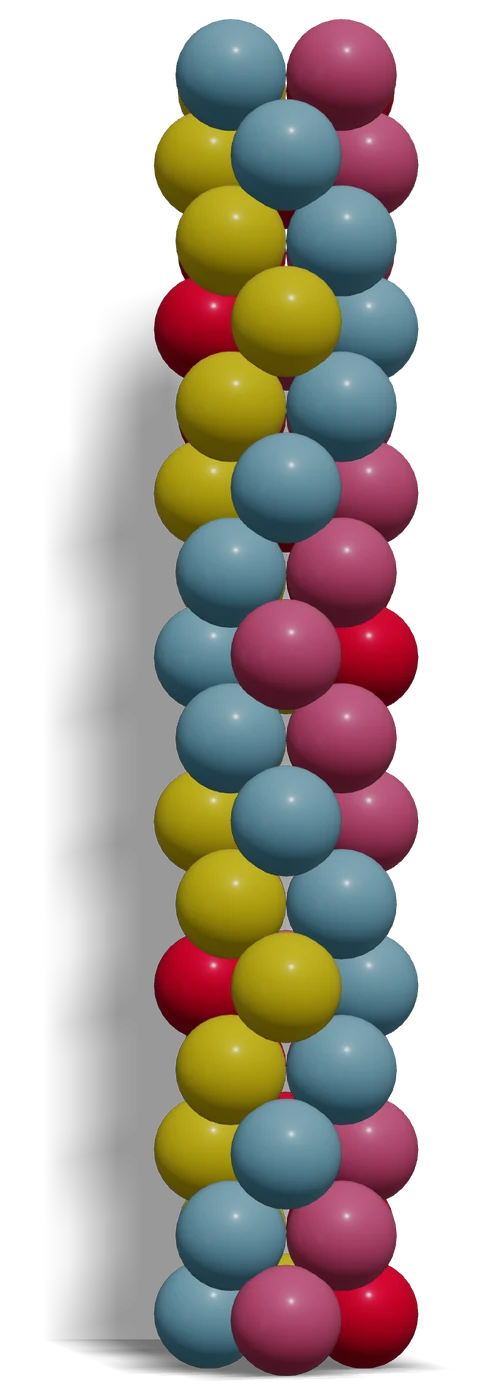 Star / Block Balloon Column — 3D render, 16 layers of 4 balloons in Sempertex Red 015, Fuchsia 012, Blue 040, Yellow 020