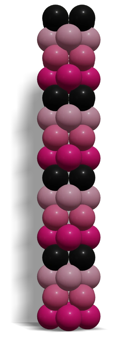 Striped Balloon Column (Layered) — 3D render, 16 layers of 4 balloons in Sempertex Raspberry 014, Fuchsia 012, Rose 011, Black 080