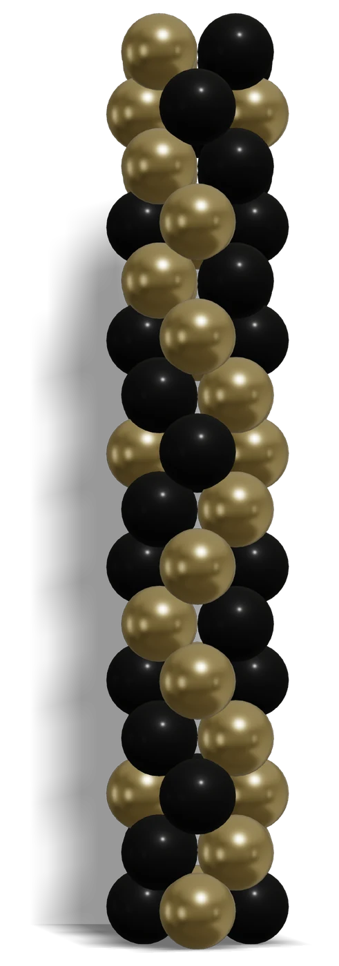Zig-Zag Balloon Column — 3D render, 16 layers of 4 balloons in Sempertex Black 080, Reflex Gold 970